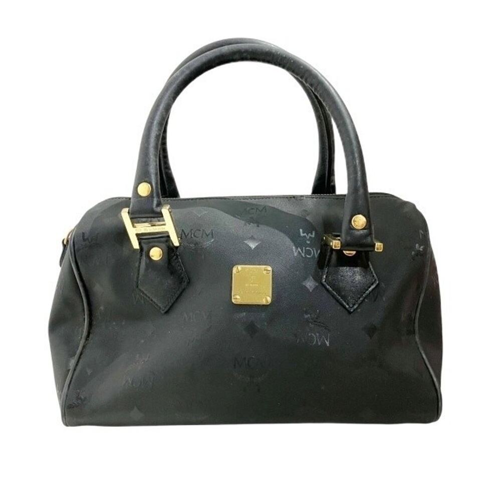 MCM PVC x Leather Black Visetos Handbag Small Boston Bag Gold Hardware 10x7x7